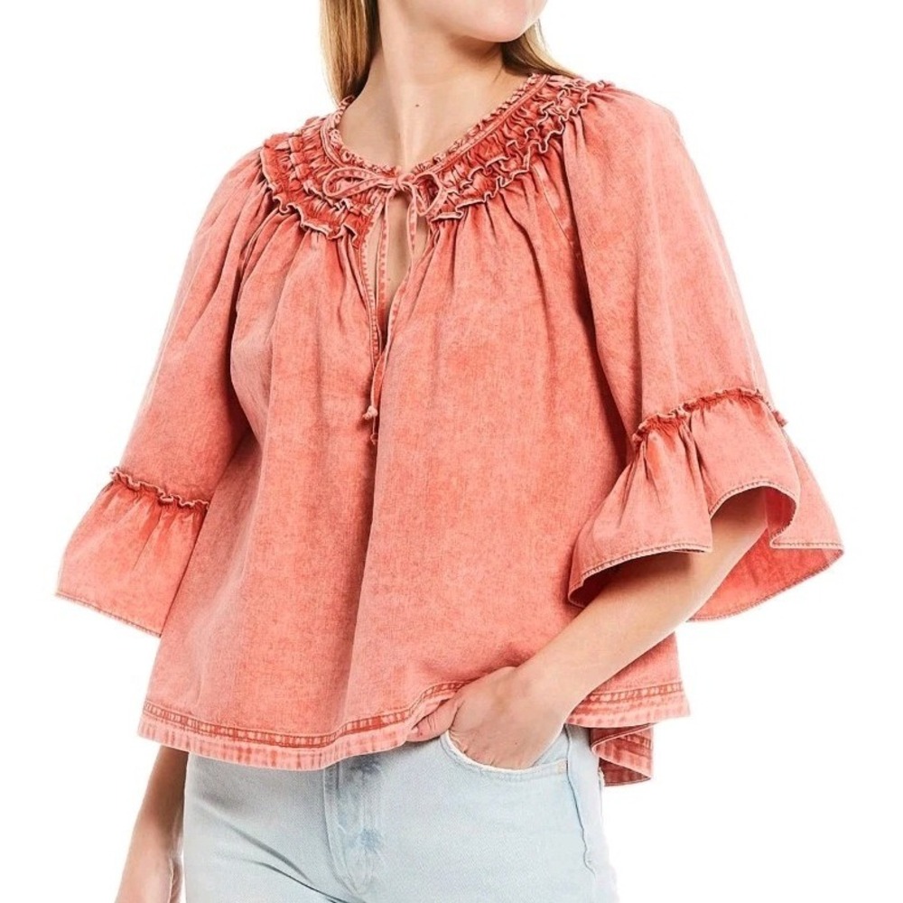 Free People Ainsley Top M Pink Coral Acid Wash Denim Ruffle Bell Sleeve Boho
